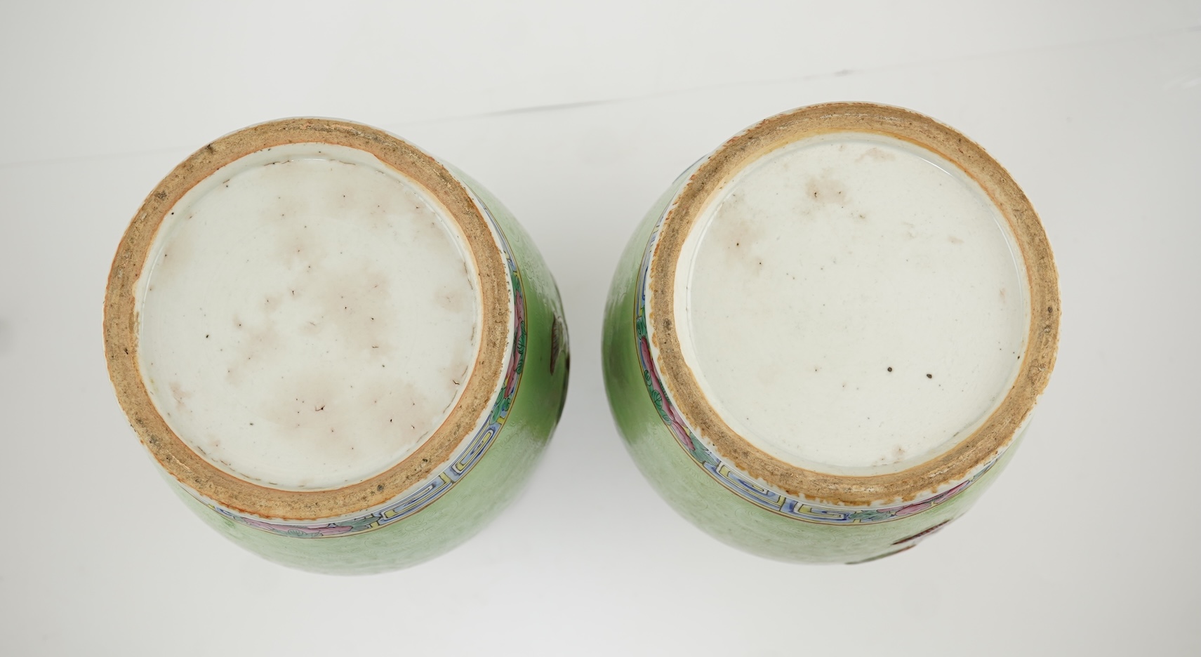 A pair of Chinese lime-green sgraffito ground vases, late 19th century